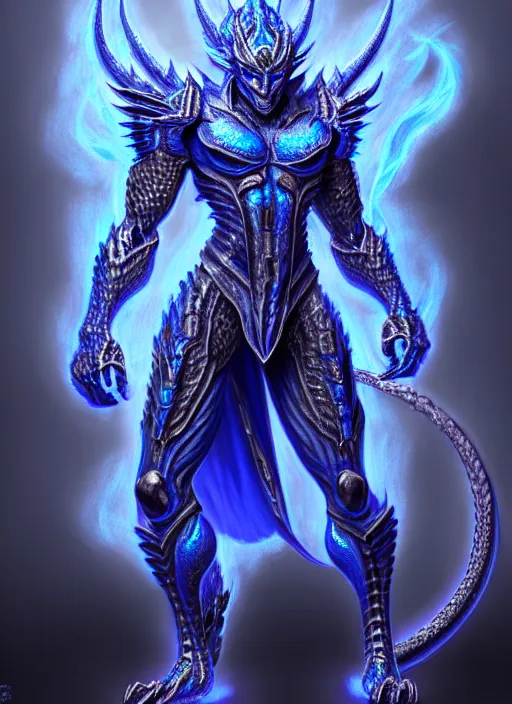 Image similar to muscular and tall blue ghostly fire humanoid dragon!!!! draconian!! intricate ornate iridescent heavy armor!! character concept art, sharp focus, octane render! unreal engine 5! highly rendered!! trending on artstation!! detailed linework!! illustration by artgerm, wlop, and chie yoshii