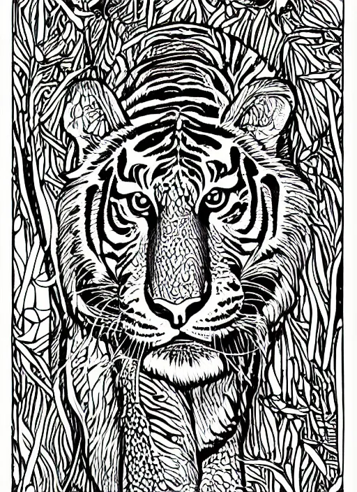 Prompt: wild tiger, black and white illustration, art nouveau, highly detailed, clean line art, tarot card style