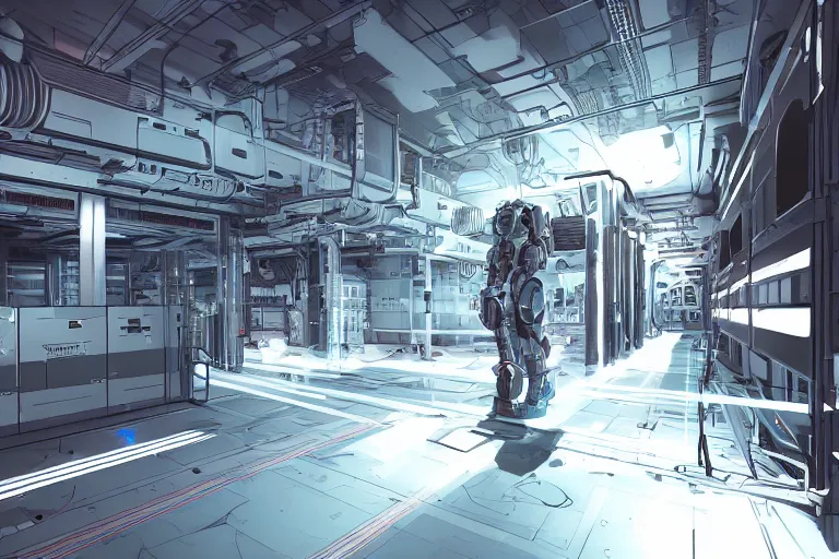 Image similar to parallax datacenter server room single mono colossus white rusty android robosaurus in artstation cinematic detailed concept art volumetric light sharp coherent racks diods