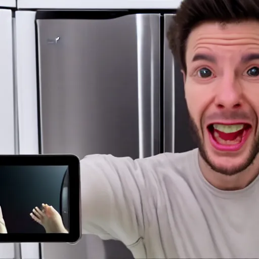 Prompt: still from a velociraptor's vlog complaining about his samsung refrigerator