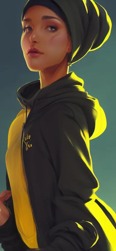 Image similar to a vtuber model concept art of a beautiful girl in a black and yellow hoodie, front view typing in an iphone, artstation, digital art, commission art, style by jordan grimmer and greg rutkowski, 4 k resolution