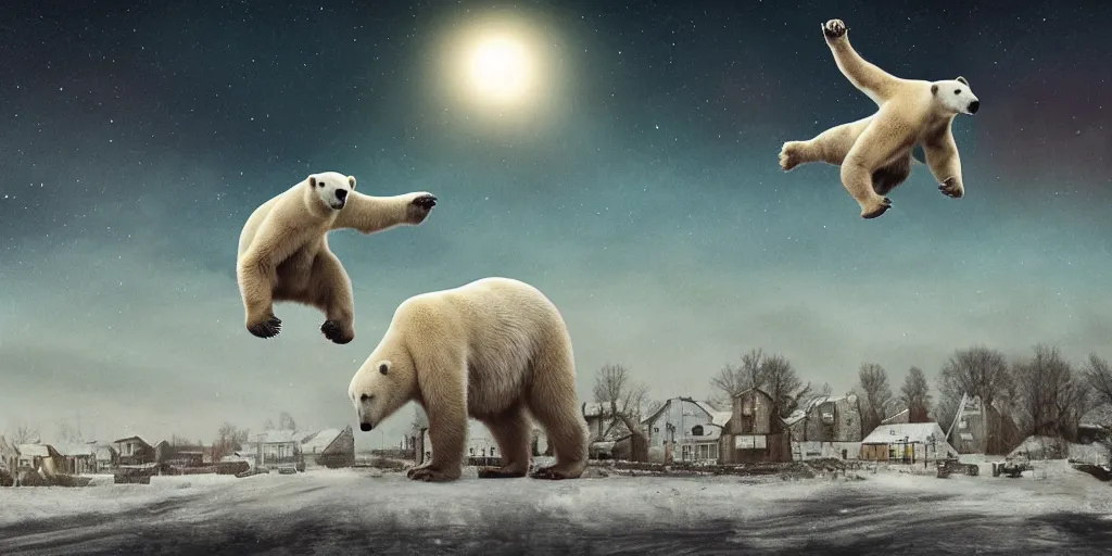 Image similar to Polar bear flying in the night sky above a warmly lit farm town , size difference, gothic, biomorphic, amazing details, dystopian, surrealism, cold hue's, warm tone gradient background