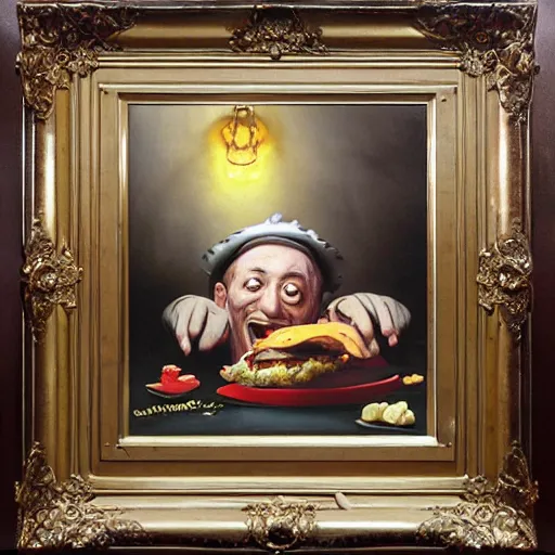 Prompt: surreal grotesque kitsch low-brow Rob Schneider emerging from deep shadows eating hamburgers, extra onions and ketchup, luscious patty with sesame seeds, figure in the darkness, serving big macs, french fry pattern ambience, Francisco Goya, painted by John Singer Sargant, Adrian Ghenie, style of Francis Bacon, highly detailed, 8k, trending on artstation