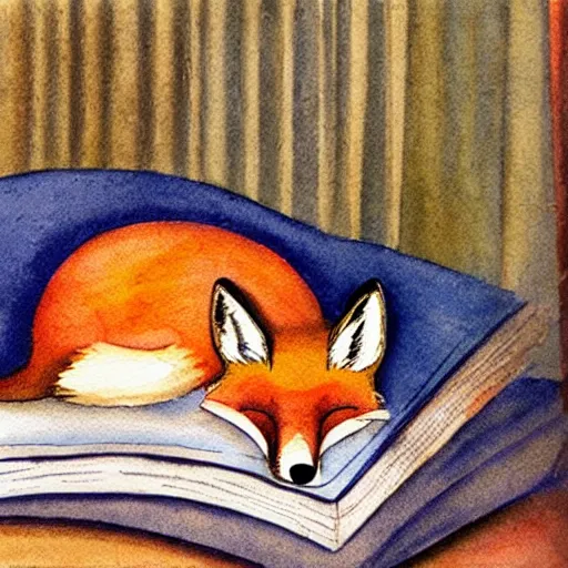 Image similar to fox sleeping on a pile of books, watercolors, 1 9 3 0