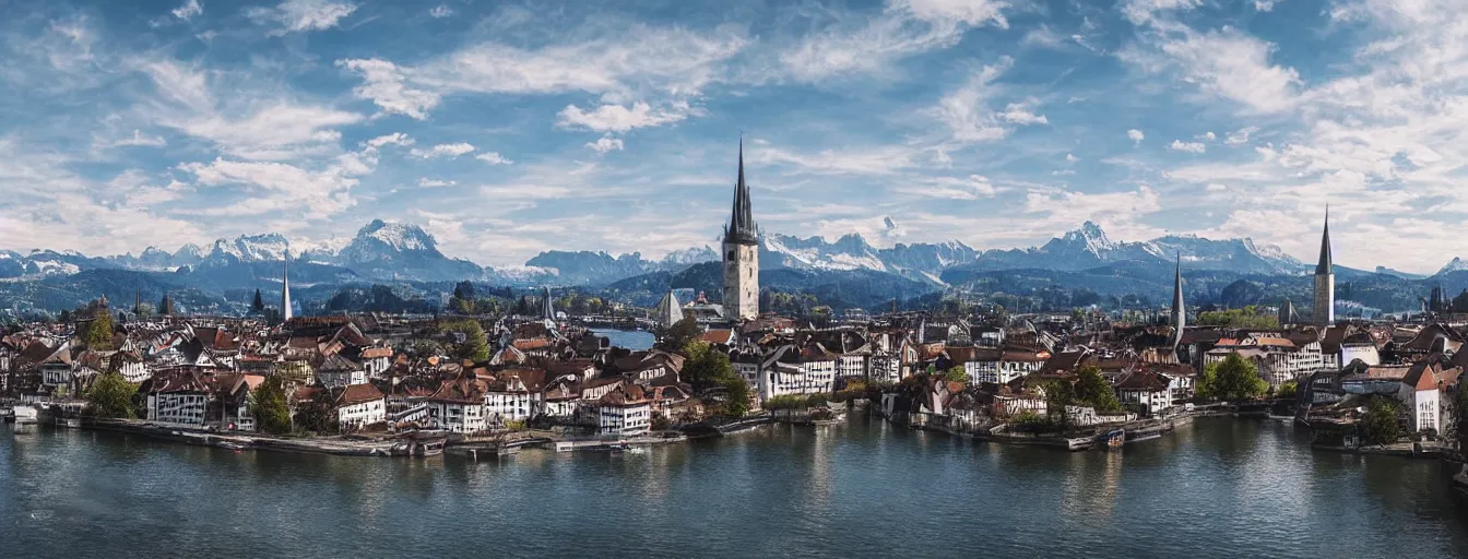 Image similar to Photo of Zurich, looking down the river at the lake and the alps, Hardturm, Grossmünster, wide angle, volumetric light, hyperdetailed, mountain water, artstation, cgsociety, 8k