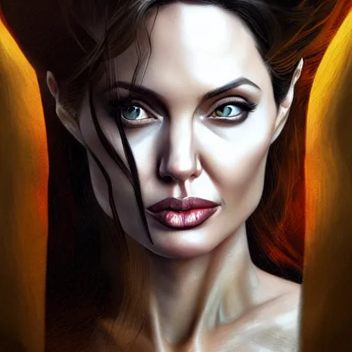 Image similar to Angelina Jolie as Lucifer Morningstar, highly detailed, digital painting, artstation, concept art, smooth, sharp focus, illustration, ArtStation, art by Katsuhiro Otomo and Tom Bagshaw