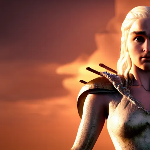 Image similar to Render of Daenerys Targaryen as a 3d Pixar character, golden hour, serene, mid-shot, medium shot, hyperdetailed, trending on Artstation, Unreal Engine 4k