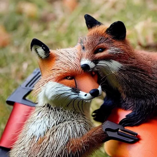 Image similar to beaver and fox with gun at party