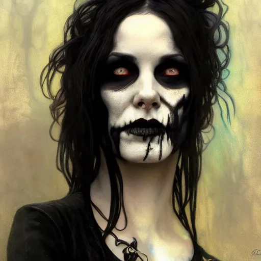 Image similar to portrait of wyona rider as death from sandman, gentle smile, by cedric peyravernay, alphonse mucha, by jeremy mann, by lecouffe deharme, goth chic, soft lightning, eyeliner, punk rock, high detailed, 8 k