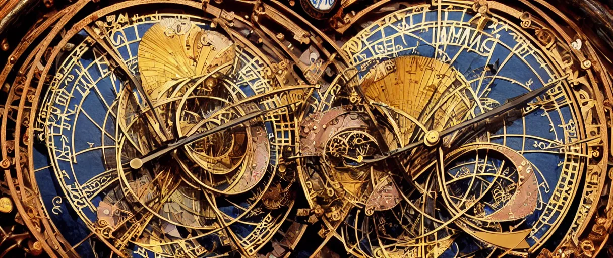 Prompt: surreal and abstract portrait of albert einstein measuring time on vintage prague astronomical steampunk clock in outer space - cinematic lighting - art, by wlop, james jean, victo ngai! muted sepia colors, very detailed, art concept by craig mullins, thomas kinkade cfg _ scale 8