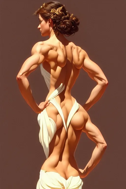 Image similar to 3 / 4 back pose of beautiful greek goddess, by terry o'neill intricate, elegant, highly detailed, digital painting, glistening skin, artstation, concept art, smooth, sharp focus, bright lighting, illustration, art by artgerm and greg rutkowski and alphonse mucha, 8 k