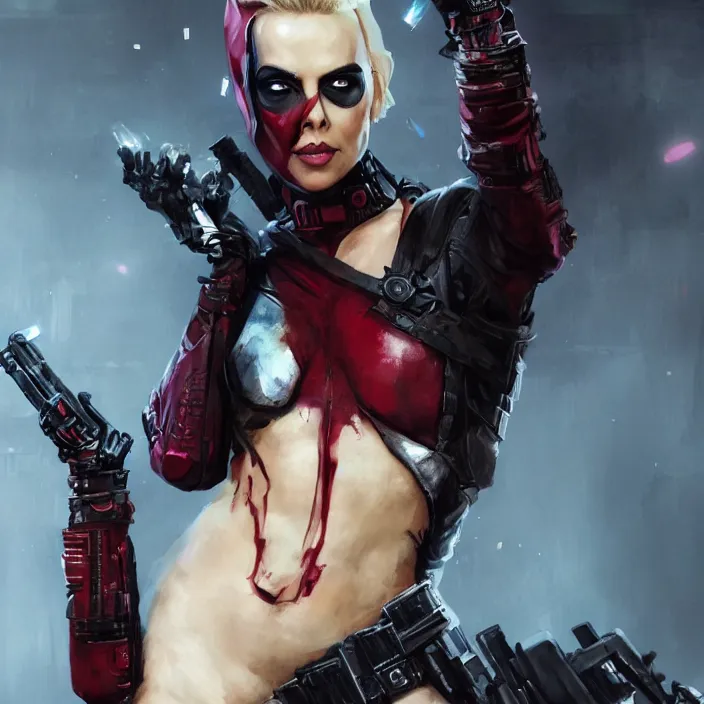 Image similar to charlize theron as lady deadpool. intricate abstract. intricate artwork. by tooth wu, wlop, beeple, dan mumford. octane render, trending on artstation, greg rutkowski very coherent symmetrical artwork. cinematic, hyper realism, high detail, octane render, 8 k, iridescent accents