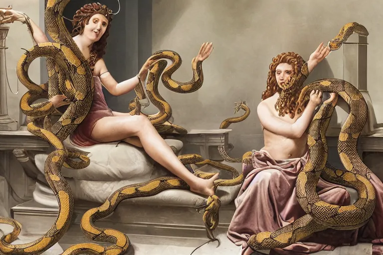 Prompt: Medusa having her snakes styled at the salon. Highly detailed, 8k resolution, ultrarealistic