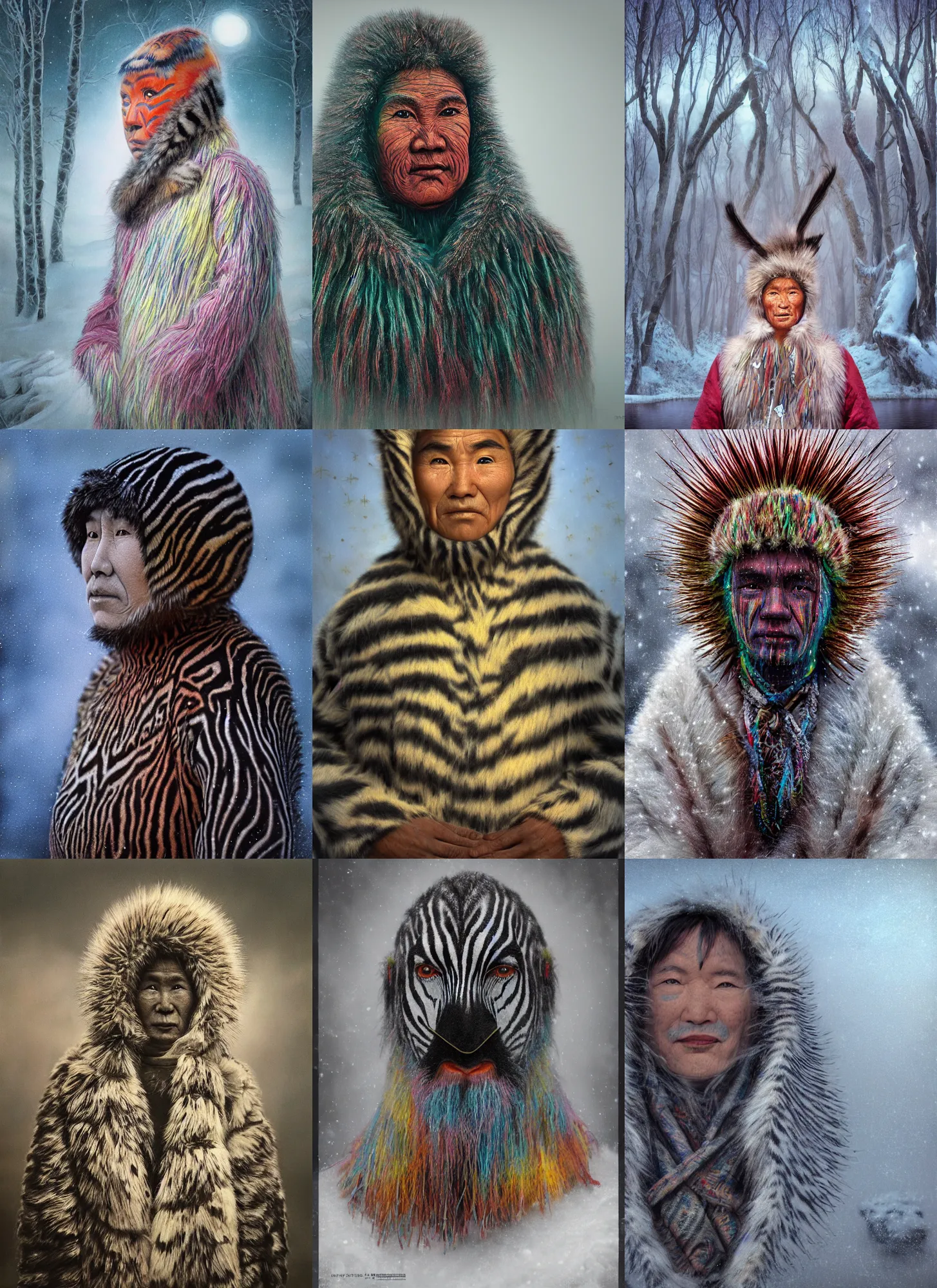 Prompt: portrait of a Selk'nam in winter by Peter Andrew Jones, Mark Ryden ,Lisa Frank, Jason Edmiston , Award winning photo, iridiscense, zebra colors, Houdini algorithmic generative render, Accurate and detailed, sharpe focus, octane render 8k, volumetric fog, dreaming