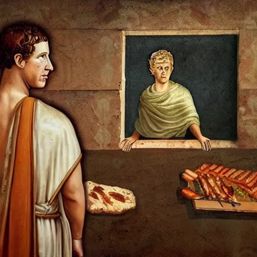 Image similar to photo of an ancient roman fresco on a wall in an ancient roman villa : mark zuckerberg as a roman noble senator next to a grill with meats. dressed in a white toga. serious facial expression. detailed, intricate artwork. faded shadows