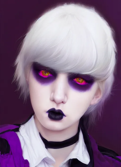 Image similar to portrait of white teenage girl, normal face, white bangs, mall goth, cyberlox, black and white hair, bangs, fluffy bangs, red contact lenses, purple lipstick, intricate, elegant, highly detailed, digital painting, artstation, concept art, sharp focus, smooth, illustration, art by wlop, mars ravelo and greg rutkowski