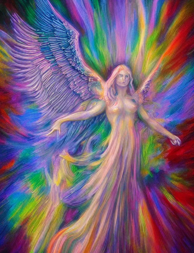 Image similar to spirit of the lunar mythos mercurial angel mist, award winning oil painting, chromatic aberration polychromatic color palette