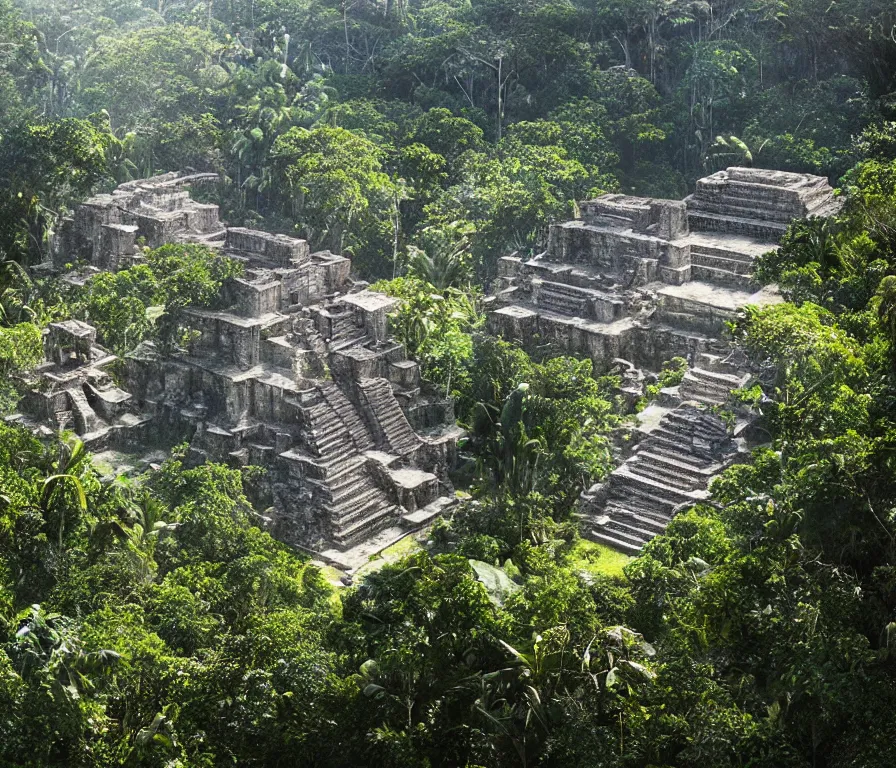 Image similar to a spectacular imax view of the beautiful ruins of a mayan temple in the jungle forest of yucatan, art by federico pelat and greg rutkowski and james gurney, hyperrealism