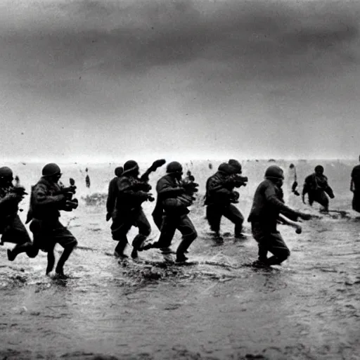 Prompt: the running soldiers in the sea in the d - day, by robert capa,