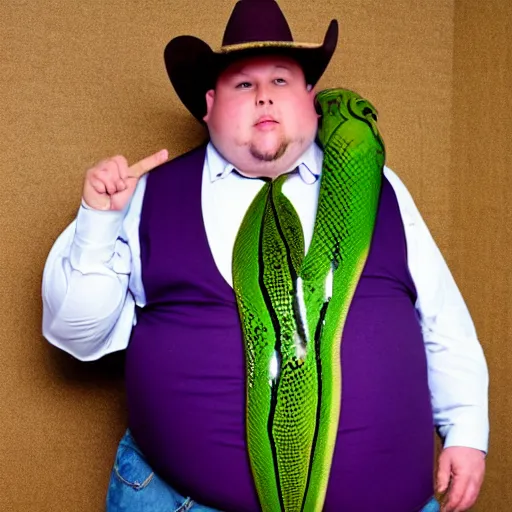 Image similar to morbidly obese 2000kilo snake oil salesman wearing authentic purple green sip tech cowboy augmentation standing in front of blank background