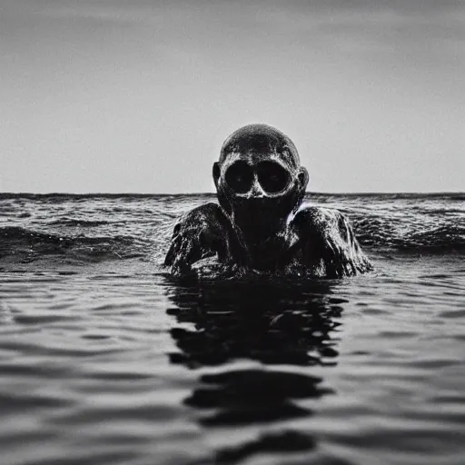 Prompt: submerged, monster waiting, only to see two black eyes staring back from the depths of the water, feet dangling over an unmeasurable depth, cinematic