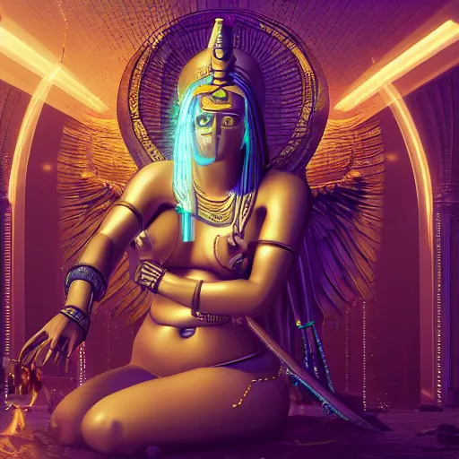 Image similar to photorealitic portrait of goddess isis with god anubis in death, shdows and souls backgroug. digital art high definition, spiritual and awakening regards, 8 k, detailed, octane render, sci - fi, cyberpunk, neon glow, fantasy
