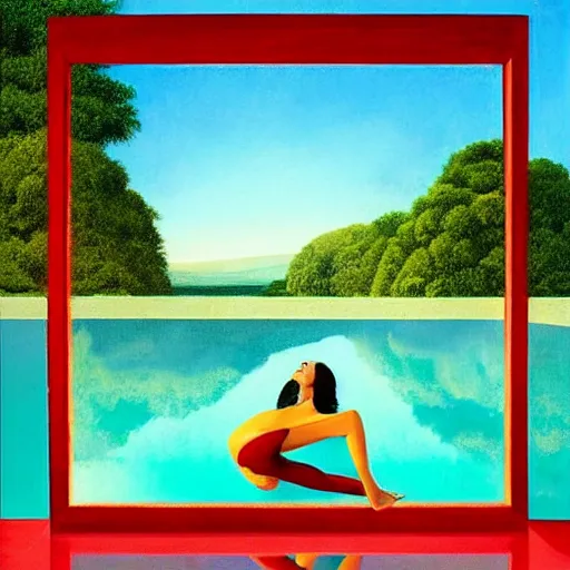 Image similar to Emily Ratajkowski full body laying in a blood red pool of water between a golden mirror frame, outside is space and inside the mirror frame is a beautiful landscape. Hyperrealistic surreal 4K IMAX Rene Margritte intricate, elegant, highly detailed, digital painting, artstation, concept art, smooth, sharp focus, illustration, art by artgerm and greg rutkowski and alphonse mucha