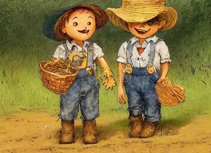 Prompt: a cute young scarecrow with a straw hat in overalls walking on a dirt road next to a large corn field, children's book by tom lovell, ross tran, terry redlin, jean baptiste monge, beatrix potter