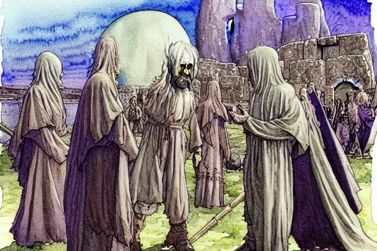 Image similar to a realistic and atmospheric watercolour fantasy character concept art portrait of a dirty chibi alien greeting a group of medieval monks in grey robes in stonehenge. a ufo is in the sky. by rebecca guay, michael kaluta, charles vess and jean moebius giraud