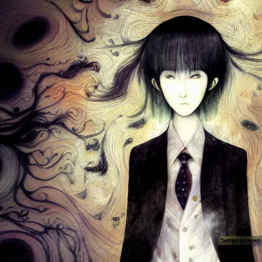 Image similar to yoshitaka amano blurred and dreamy realistic illustration of a woman with black eyes and white hair wearing dress suit with tie, junji ito abstract patterns in the background, satoshi kon anime, noisy film grain effect, highly detailed, renaissance oil painting, weird portrait angle, blurred lost edges, three quarter view