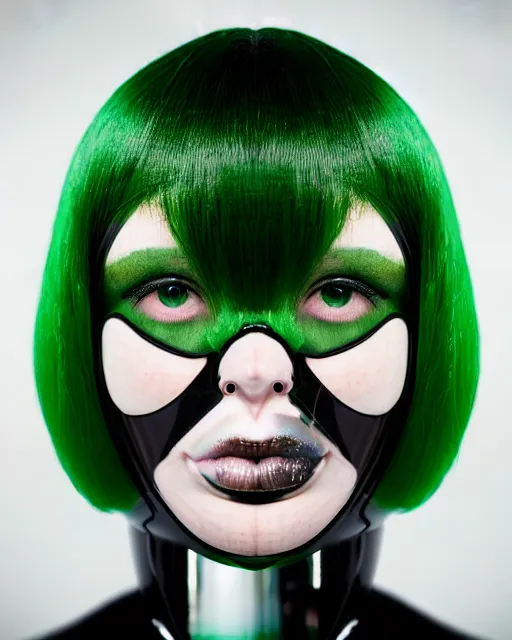 Image similar to symmetrical close - up portrait of a woman wearing a translucent silicone beauty mask and green hair, wearing a black bodysuit by alexander mcqueen, black background, soft diffused light, biotechnology, humanoide robot, bjork aesthetic, translucent, by rineke dijkstra, intricate details, highly detailed, masterpiece,