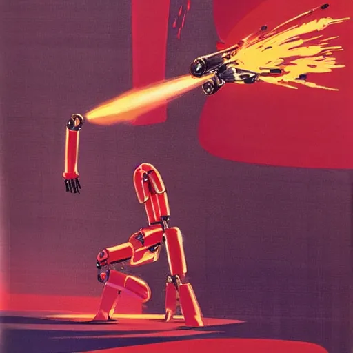 Prompt: beautiful female - looking robot destroying himself in fire explosion. concept art for sci fi robots movie. by syd mead, 1 9 7 4