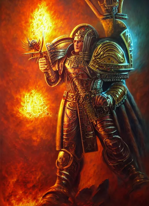 Prompt: the god emperor of mankind wielding his flaming sword, extremly detailed digital painting, warhammer 4 0 k, horus heresy, raymond swanland, tomasz alen kopera, unreal engine 5, vibrant colors, intricate, exquisite lighting, highly detailed, rim light, cinematic lighting, art, octane render, very coherent, cinematic, 8 k, trending on artstation