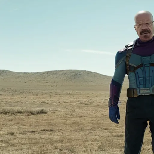 Image similar to a still of Walter White as Thanos in the movie Avengers: Endgame