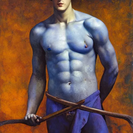 Prompt: Oil painting of the handsome Daniel Sharman with blue devil wings, naturalism, dramatic lighting, high-detailed oil painting by Ilya Repin, Michelangelo da Caravaggio, William Blake, Alex Grey and Beksinski, trending on Artsatio, masterpiece, 4k, 8k,