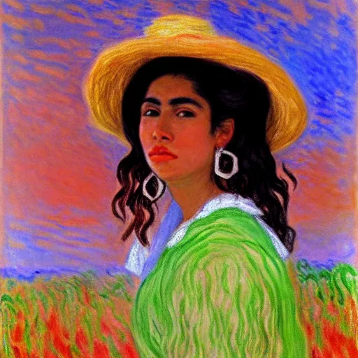 Image similar to beautiful tan mexican woman, landscape, prominent rosy cheek bones, black hair and brown eyes, monet and da vinchi art style,