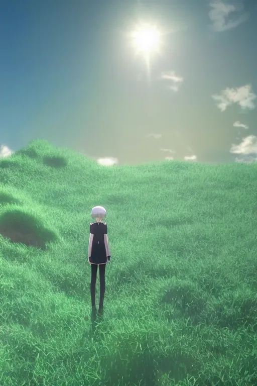 Prompt: 3D CG anime Land of the Lustrous Houseki no Kuni character Phos person with a thick chest width made of shiny luminescent light bluegreen gem rock standing in a grassy field on a sunny day wearing a white business shirt with black tie and black shorts, ocean shoreline on the horizon, beautiful composition, 3D render, cel shaded, 8k, key visual, made by Haruko Ichikawa, Makoto Shinkai, studio Ghibli, Zelda Breath of the Wild screenshot, Kyoto Animation, Xenoblade Chronicles landscape