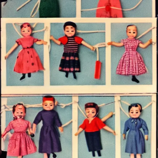 Prompt: 1 9 5 0 s, evil children toys on strings, coming to life, doll phobia, horror, jump scare, pov, polaroid,