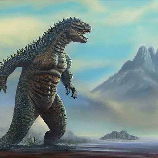 Image similar to paleoart painting of Godzilla in the style of Charles R. Knight