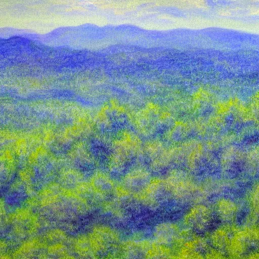 Image similar to asheville skyline from beaucatcher mountain, in the style of claude monet, watercolor, beautiful, scenic, award winning, 4 k, hd