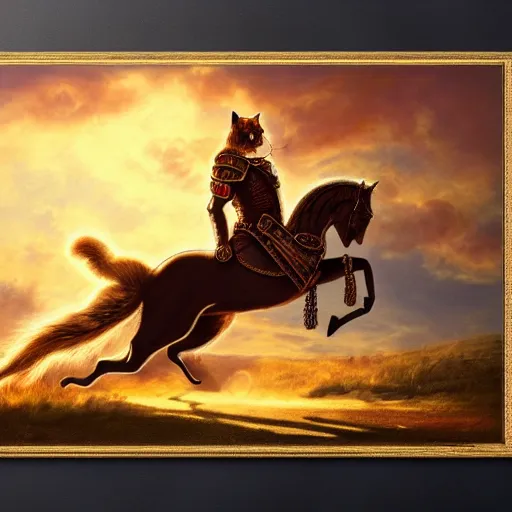 Image similar to a wide shot of a cat wearing an armor, riding on a prancing horse, golden hour, illustration, oil panting, matte