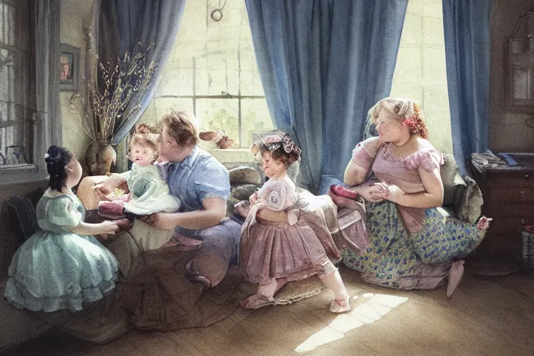 Image similar to charming and chubby parents and their very fat baby girl, wearing a polka dot cloths and a victorian - style hairdo, sits in the large and bright studio. sunlight enters through the barred window. delicate watercolor and pencil on canvas. beautiful lighting, 4 k post - processing, highly detailed, 5 k extremely detailed, 3 d. cinematic scene.