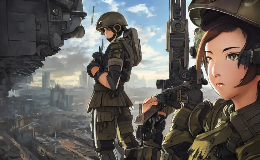 Image similar to top portrait of mechanized soldier girl, anime style, urban in background, soldier clothing, combat helmet, short hair, hair down, symmetrical facial features, from arknights, hyper realistic, 4 k, rule of thirds, extreme detail, detailed drawing, trending artstation, hd, d & d, realistic lighting, by alphonse mucha, greg rutkowski