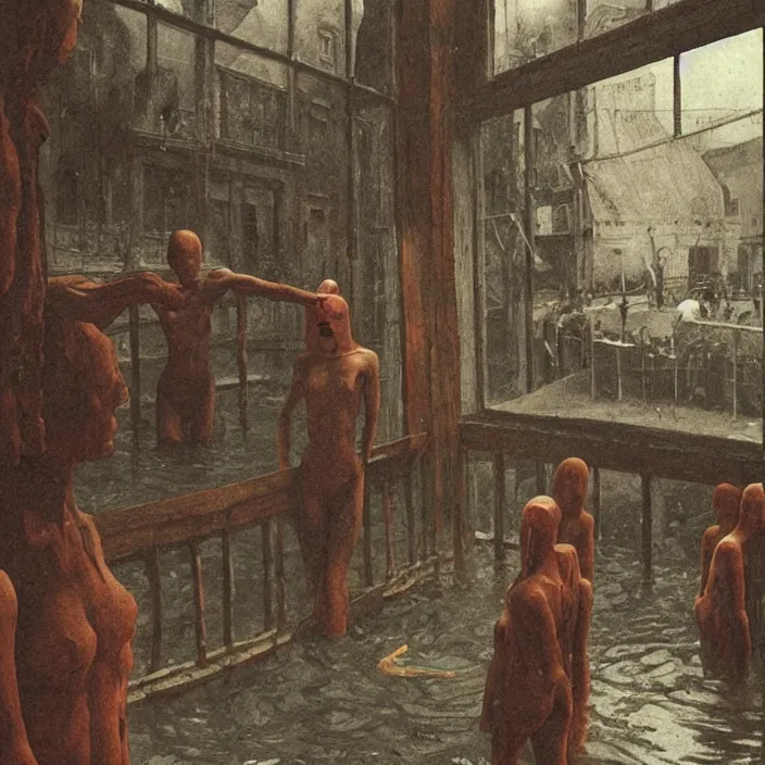 Prompt: fisheye lens, people inside water flooded museum, looking through the window, highly detailed, artstation, art by zdislav beksinski and wayne barlowe