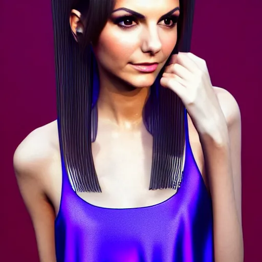 Image similar to photorealistic 3D render of Victoria Justice dressed in a silk tank-top while she thinks a memory she thought she had but the memory was from the mind of the King of razor blades, Pinterest filter, complex detail added after taking the film still at 16K resolution, amazingly epic visuals, epically luminous image, amazing lighting effect, image looks gorgeously crisp as far as it's visual fidelity goes, absolutely outstanding image, perfect film clarity, amazing film quality, iridescent image lighting, mega-beautiful pencil shadowing, 16k upscaled image, soft image shading, crisp image texture, intensely beautiful image, large format picture, it's a great portrait of the highest quality, great Pinterest photo, Vogue portrait is masterfully lit, intricate, elegant, highly detailed, smooth, sharp focus, award-winning, masterpiece, in the style of Tom Bagshaw, Cedric Peyravernay, Peter Mohrbacher