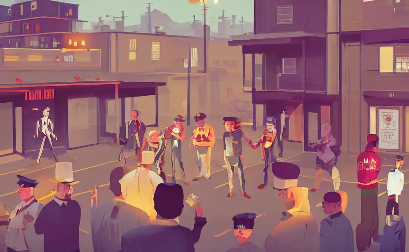 Image similar to a group of village people meet a detective to outside his office house, james gilleard, print, game art