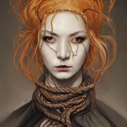 Image similar to portrait of a Shibari rope wrapped face and neck, headshot, insanely nice professional hair style, dramatic hair color, digital painting, of a old 15th century, old cyborg merchant, amber jewels, baroque, ornate clothing, scifi, realistic, hyper detailed, chiaroscuro, concept art, art by Franz Hals and Jon Foster and Ayami Kojima and Amano and Karol Bak,