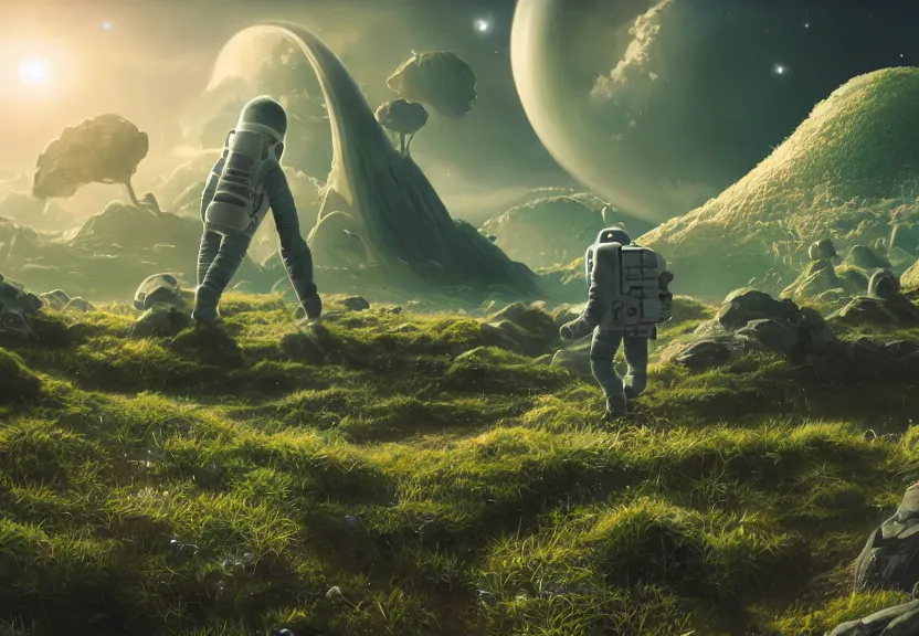 Prompt: a astronaut walking on a alien planet with alien plants and animals and a giant galaxy appearing in the sky, digital art, anime style, 8K HDR, octane render, unreal engine 5, path tracing, breathtaking landscape, cinematic lighting, trending on Artstation, high quality, highly detailed, trending on DeviantArt, concept art