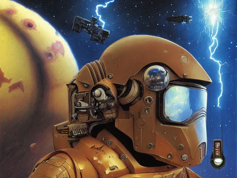 Image similar to a detailed profile oil painting of a lone shock trooper in a space armour with reflective helmet, cinematic sci-fi poster. technology flight suit, bounty hunter portrait symmetrical and science fiction theme with lightning, aurora lighting clouds and stars by beksinski carl spitzweg and tuomas korpi. baroque elements, full-length view. baroque element. intricate artwork by caravaggio. Trending on artstation. 8k