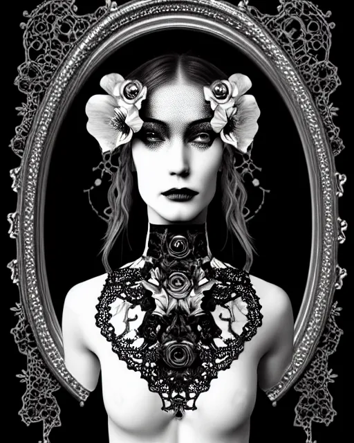 Image similar to black and white masterpiece profile portrait painting with no frame, one steampunk eye silver lace floral biomechanical beautiful young female cyborg, big monocular, volumetric light, hibiscus flowers, by hg giger, rim light, big gothic fashion pearl embroidered collar, 8 k